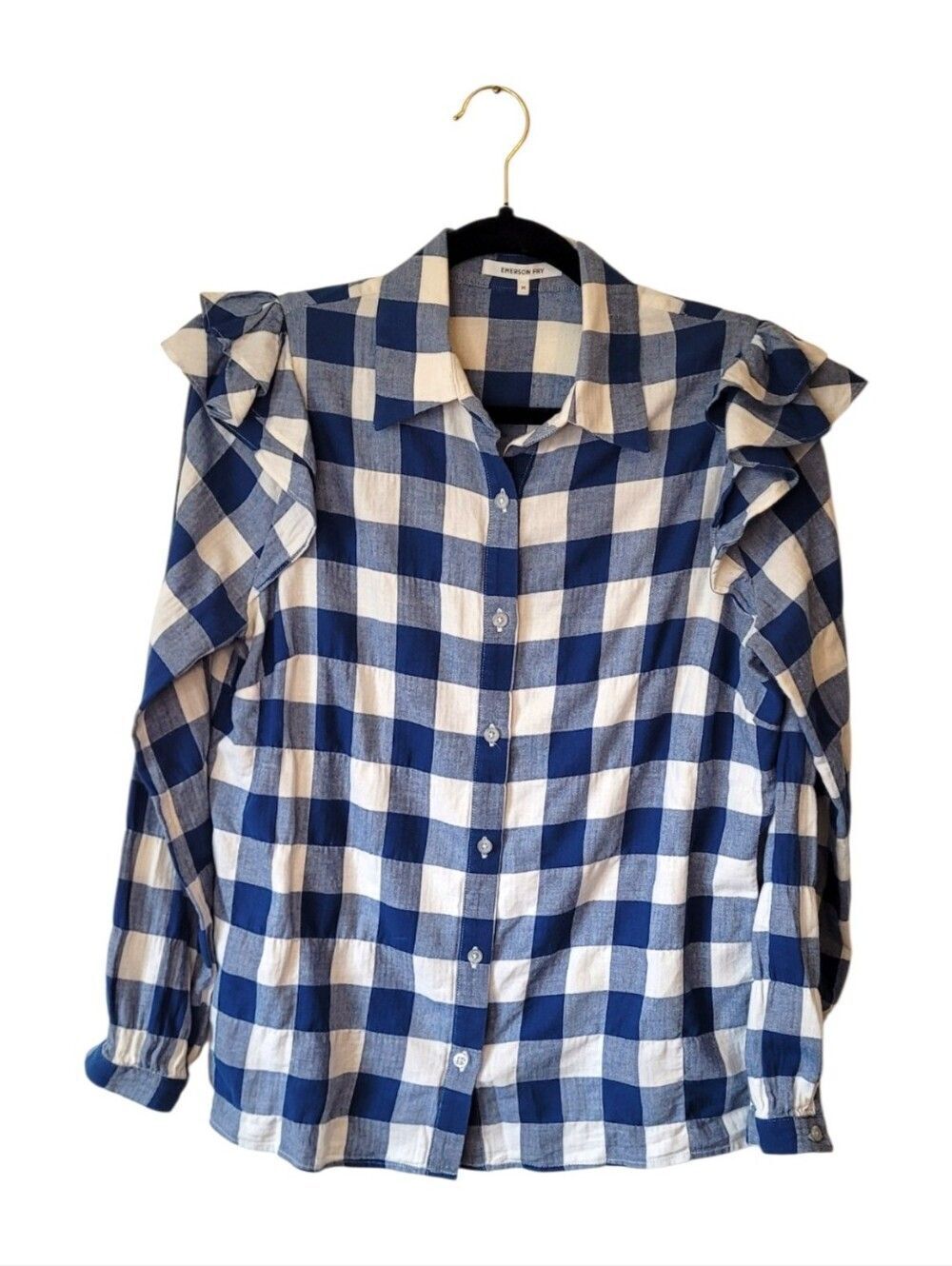 Emerson Fry Blue and White Check Ruffle Button-Up Blouse Size M